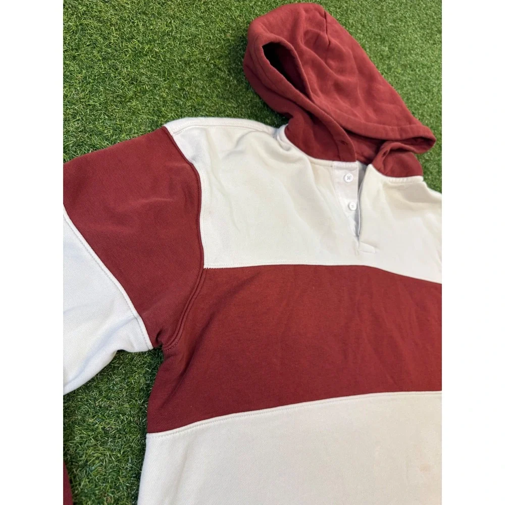 Levis‎ Mens Relaxed Fit Hooded Rugby Shirt Burgundy Cream Striped Fleece Medium